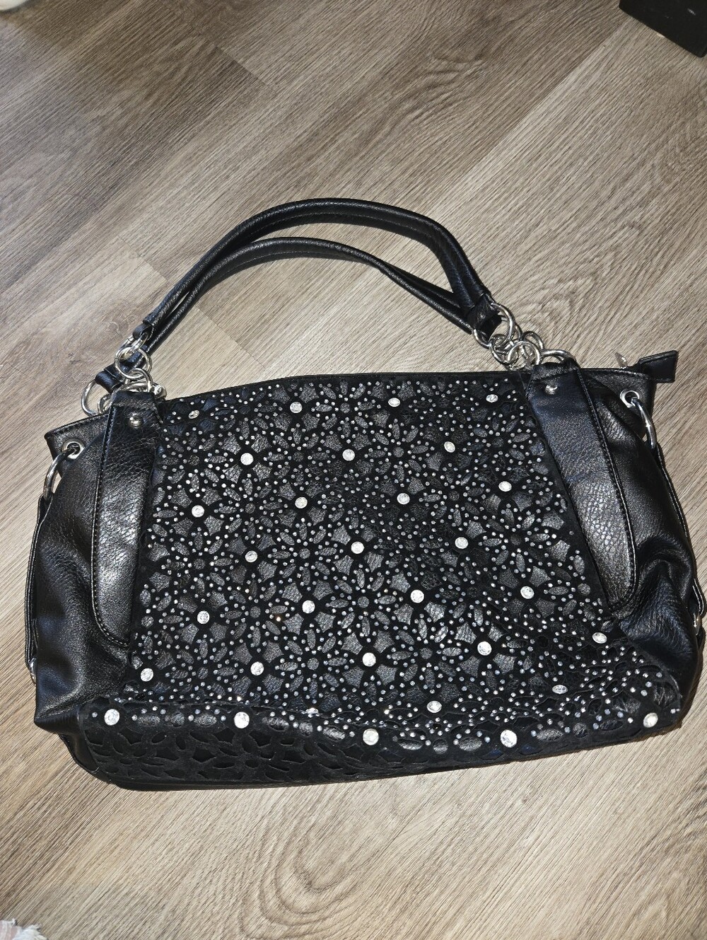 Black Cutout Floral Shoulder Bag with Stud Accents